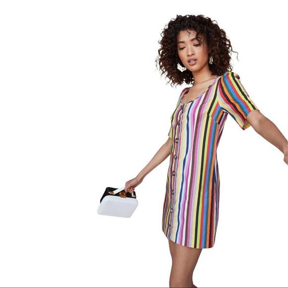 LPA Revolve Puff Sleeve Button Front Multi Striped Linen Mini Dress Size XS - Picture 16 of 16